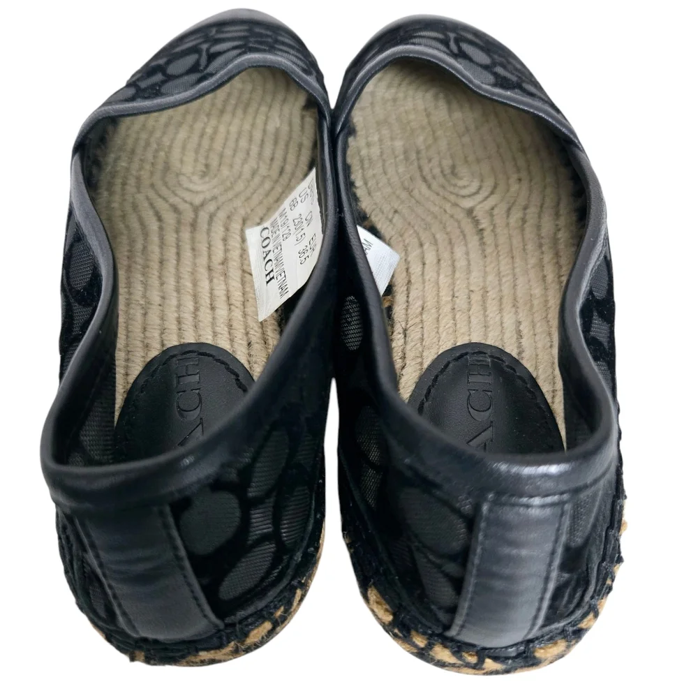 Coach Cleo Black Logo Round Leather Cap Toe Mesh Slip-On‎ Espadrilles